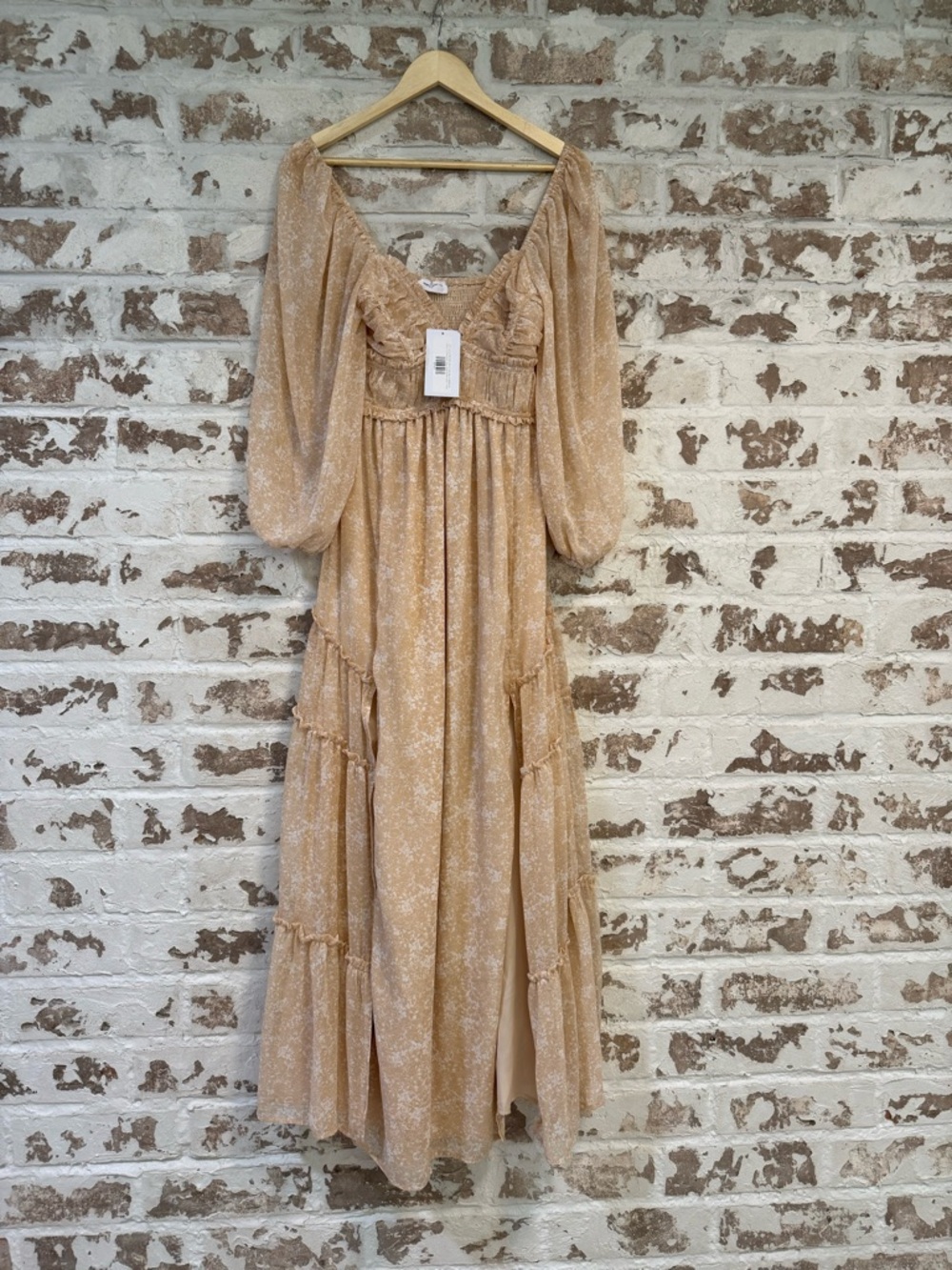 Romantic Peach Tiered Maxi Dress with Puff Sleeves